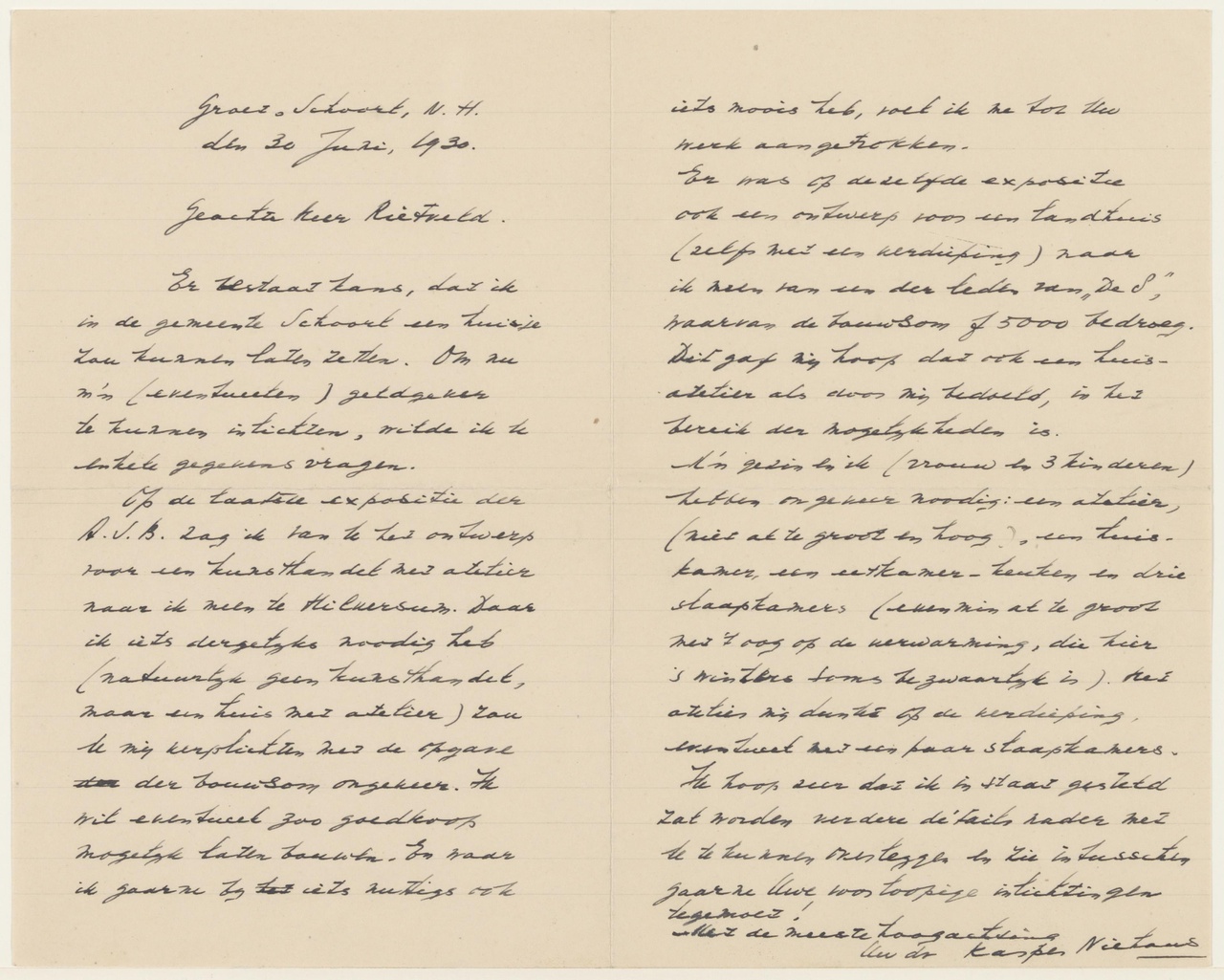 Brief van K. Niehaus aan G. Rietveld