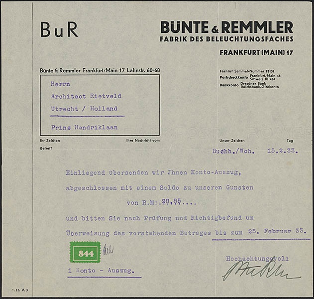 Rekening van Bünte en Remmler aan Gerrit Thomas Rietveld