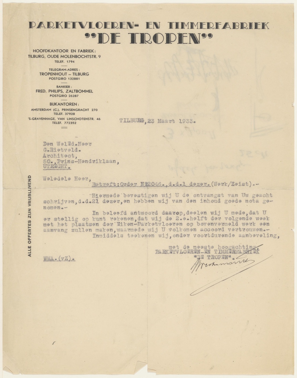 Brief van Fabriek De Tropen aan G. Rietveld
