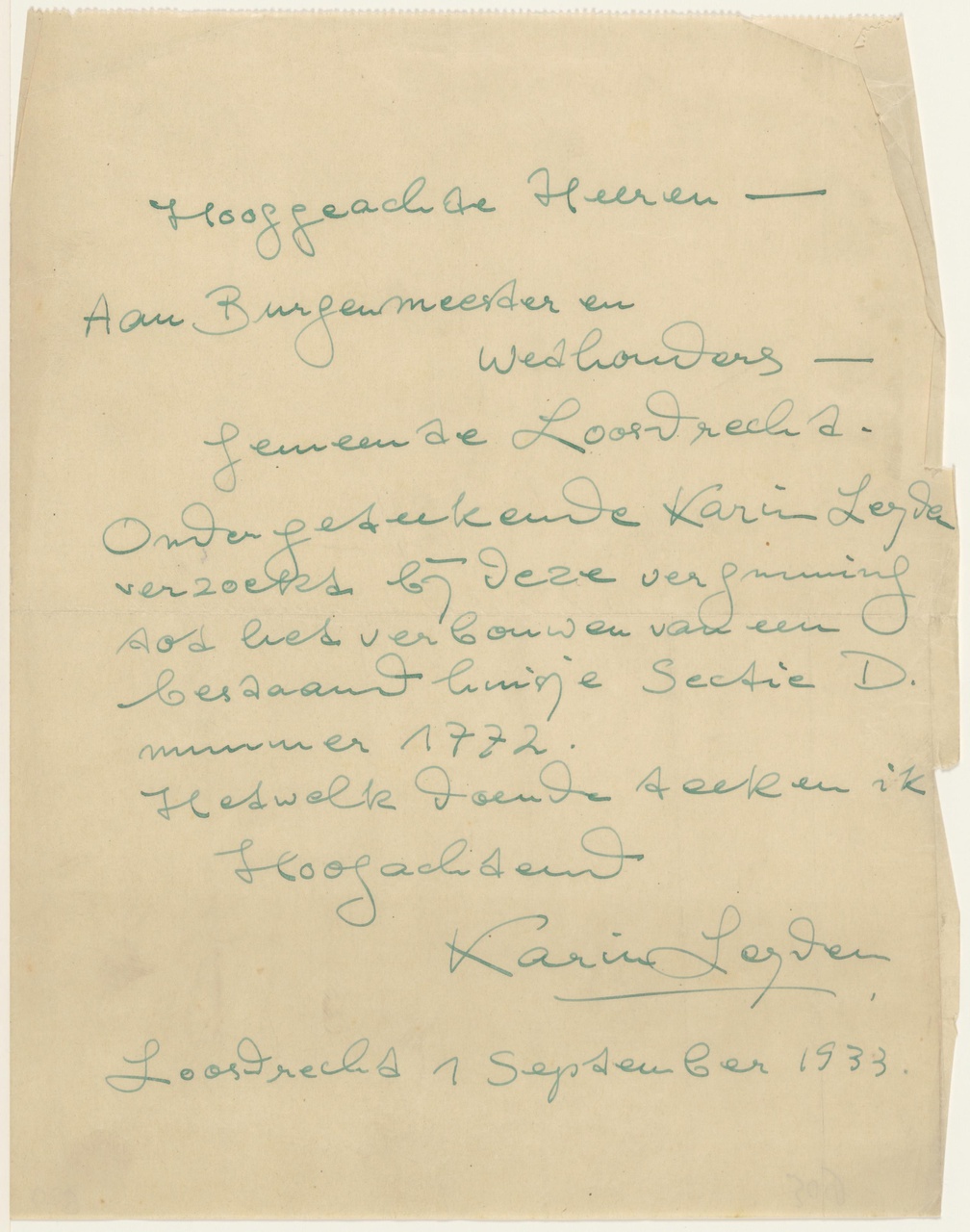 Brief van K. Leyden aan B&W Loosdrecht