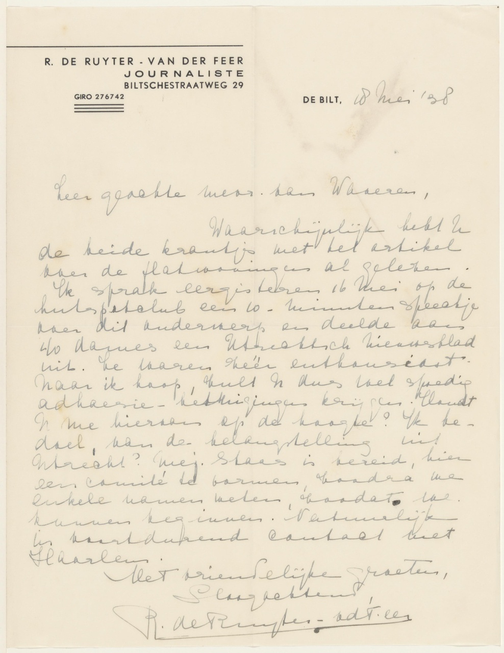 Brief van R. de Ruyter-v.d. Feer aan E.J. van Waveren