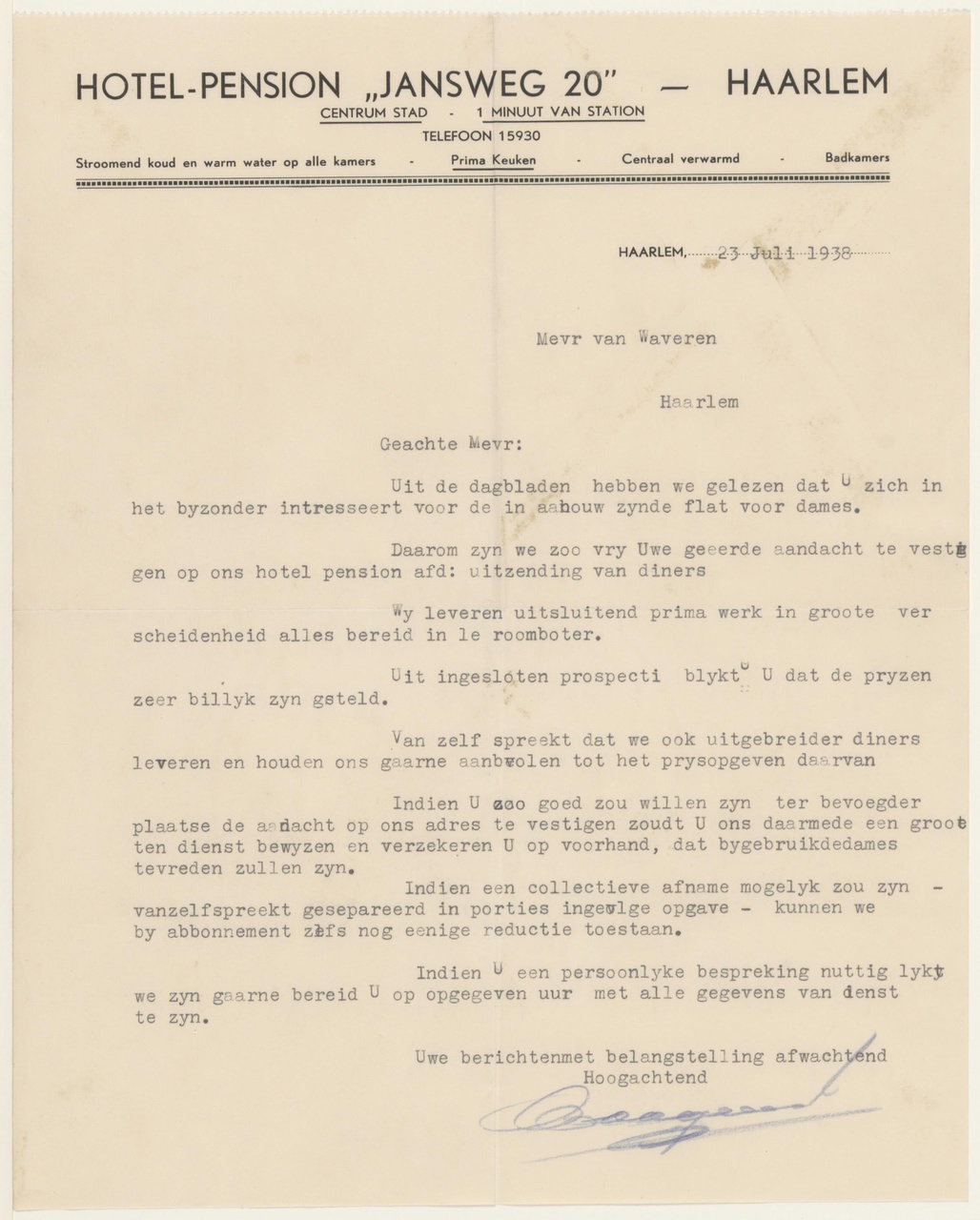Brief van Hotel Jansweg 20 aan E.J. van Waveren