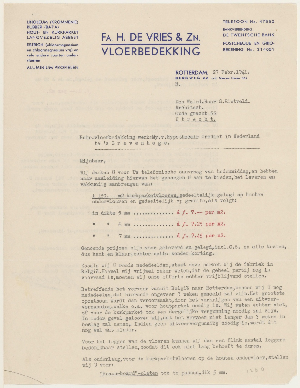 Brief van Fa. H. de Vries & Zn aan G. Rietveld