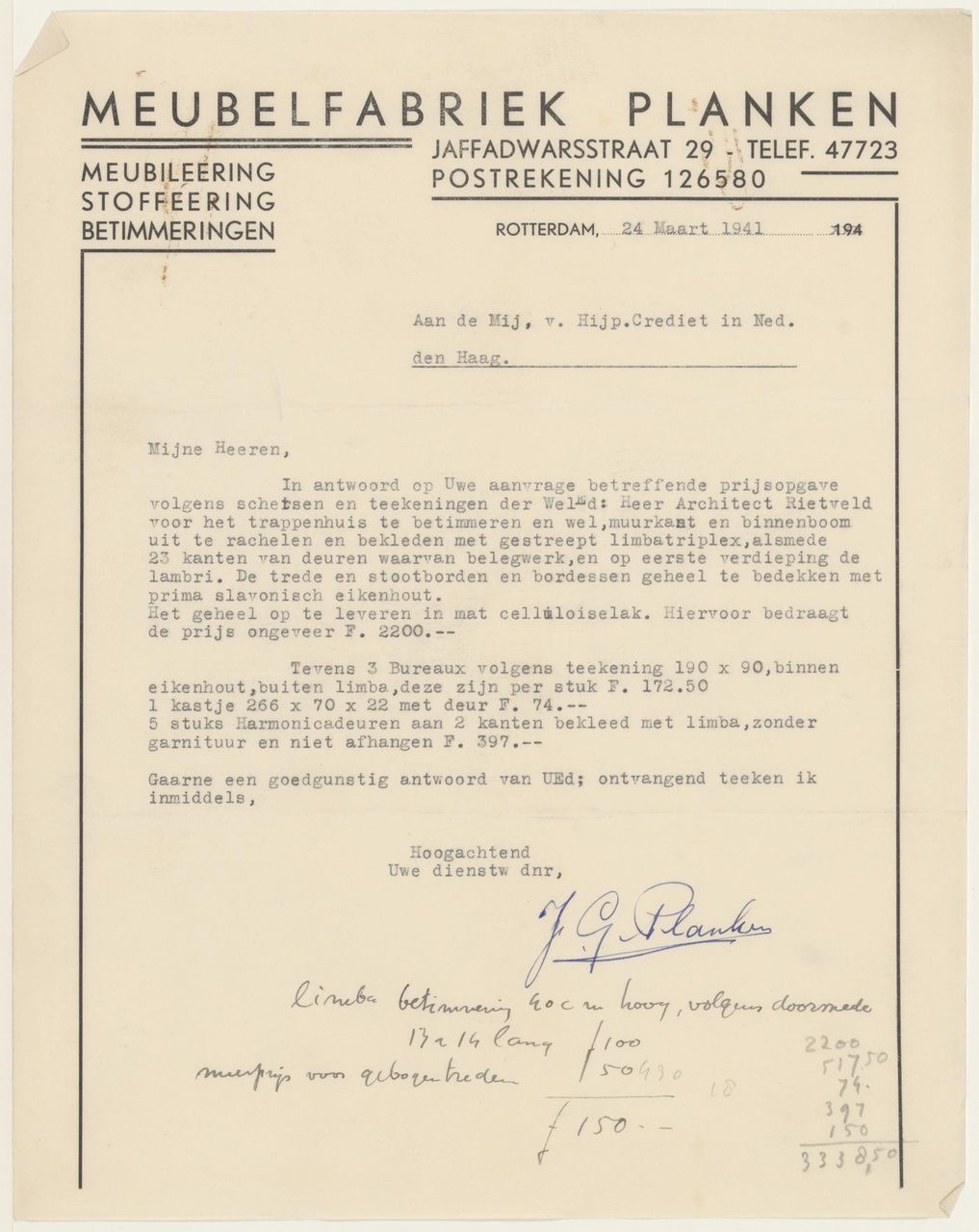 Brief van J.G. Planken aan N.V. Maatschappij Hypothecair Crediet