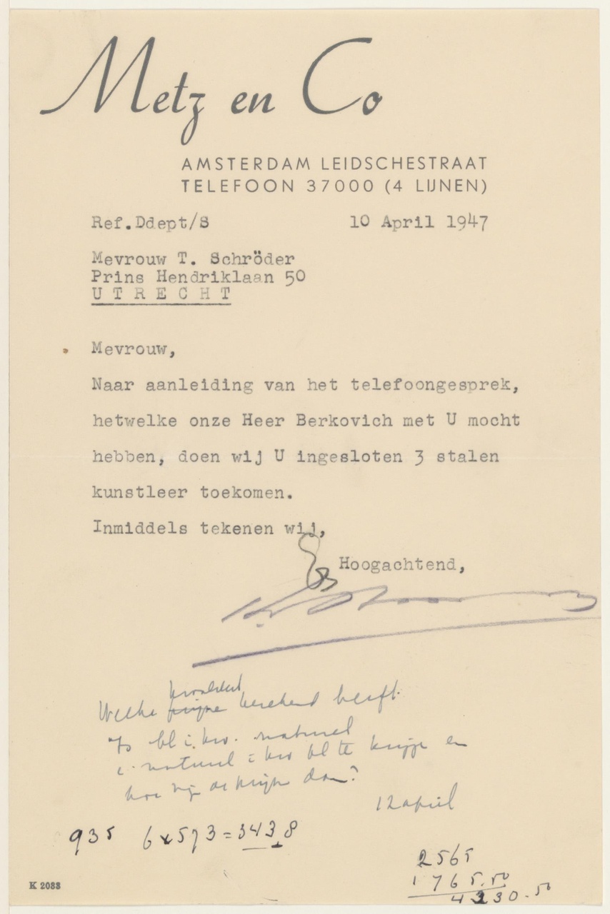 Brief van Metz & Co aan T. Schröder