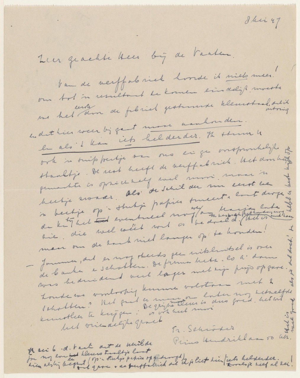 Brief van T. Schröder aan bij de Vaaten / N.V. Victoria