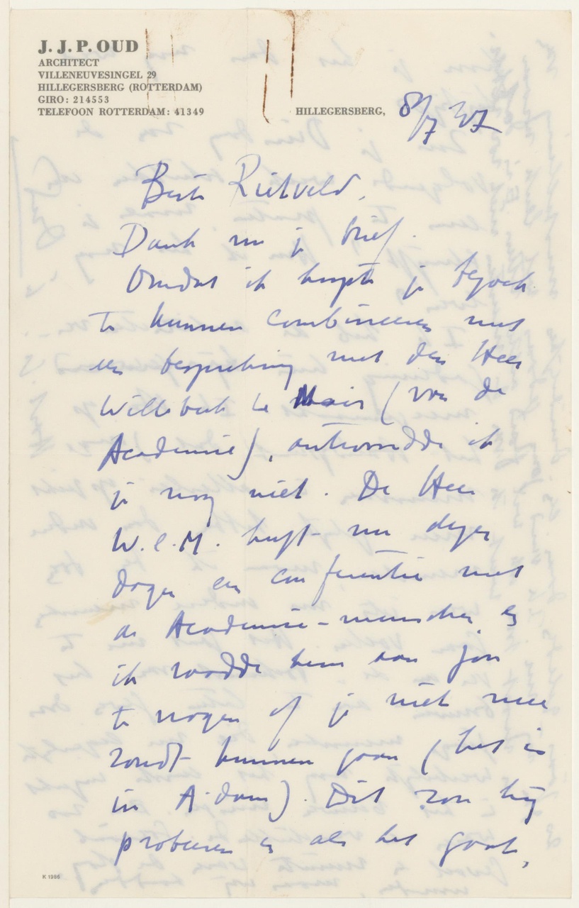 Brief van J.J.P. Oud aan G. Rietveld