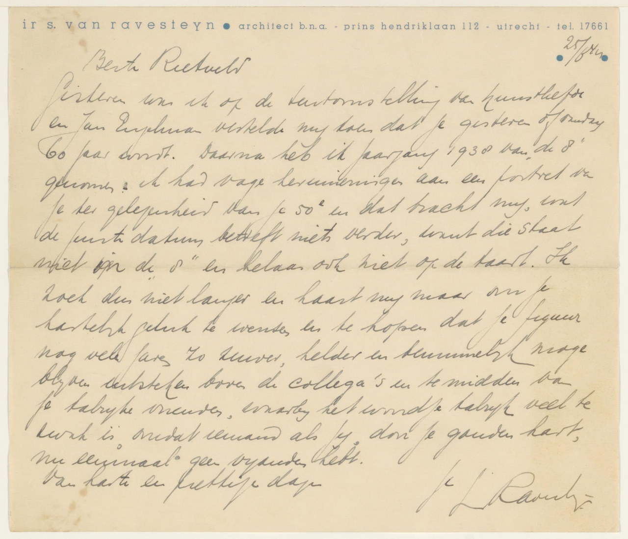 Brief van S. van Ravesteyn aan G. Rietveld