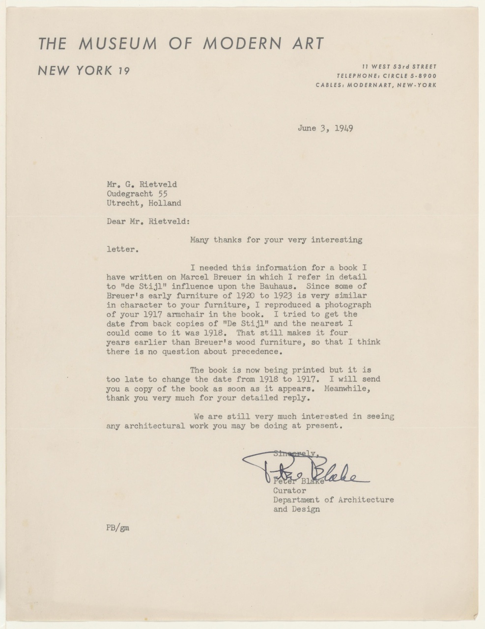 Brief van P. Blake (MoMA) aan G. Rietveld
