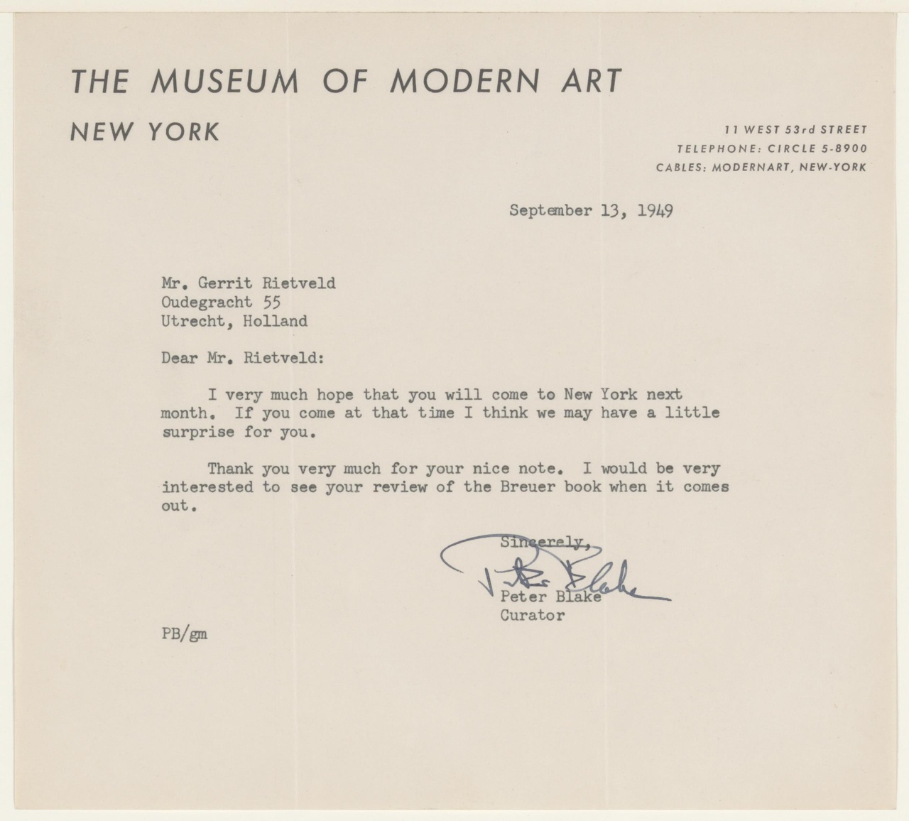 Brief van P. Blake (MoMA) aan G. Rietveld