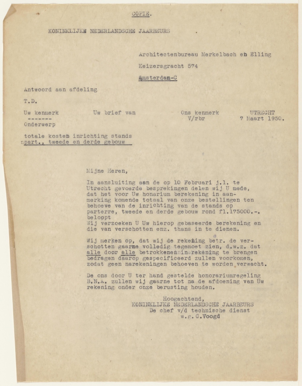 Brief van C. Voogd / Koninklijke Nederlandse Jaarbeurs aan Merkelbach / Kars Architectenbureau