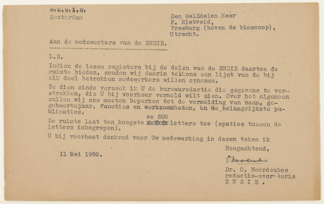 Brief van O. Noordenbos /Ensie aan G. Rietveld