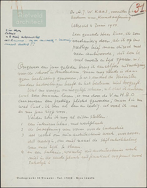 Brief van Gerrit Thomas Rietveld aan A.J.W. Kaas over of Rietveld les kan geven