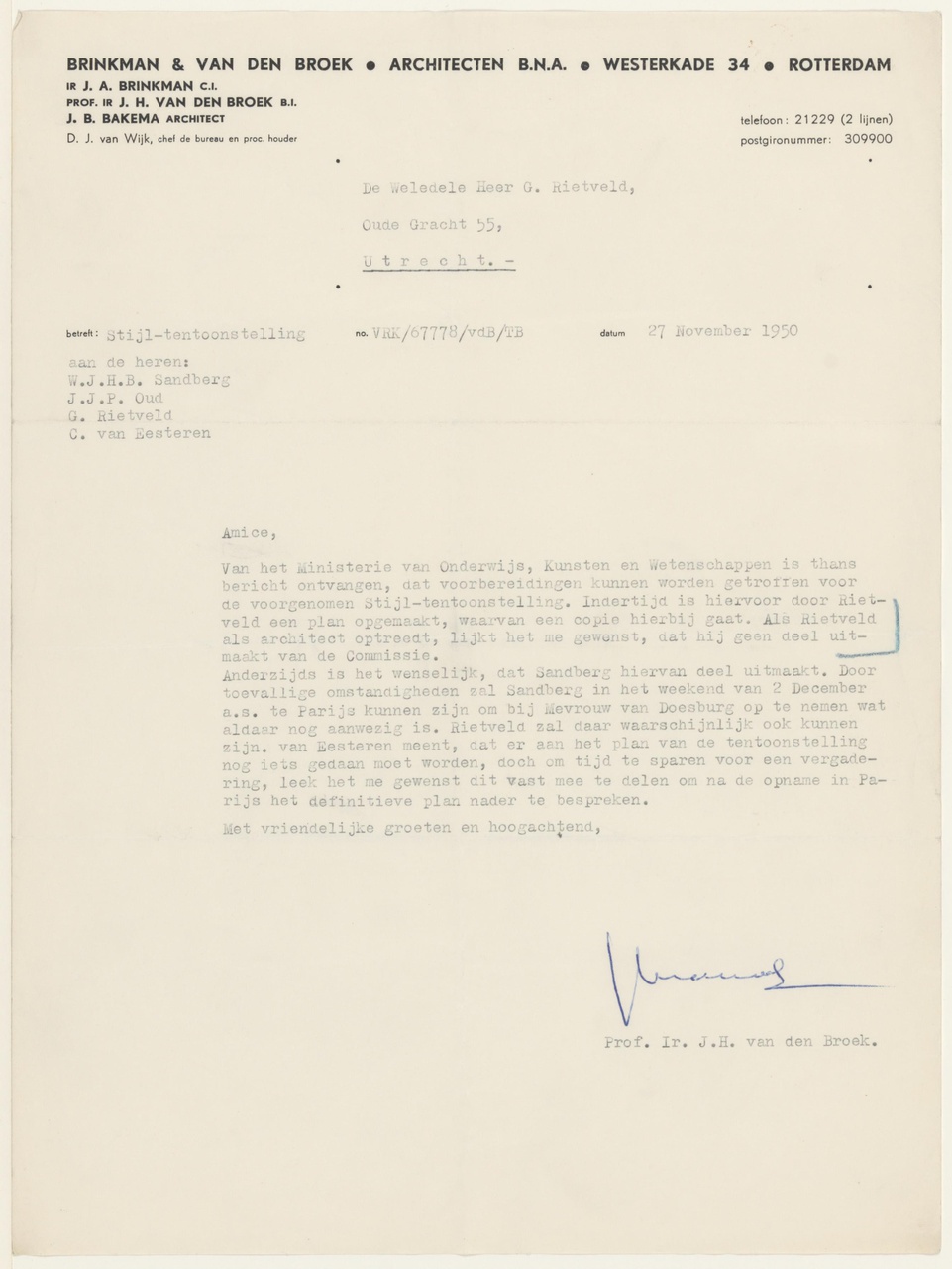 Brief van J.H. van den Broek aan G. Rietveld