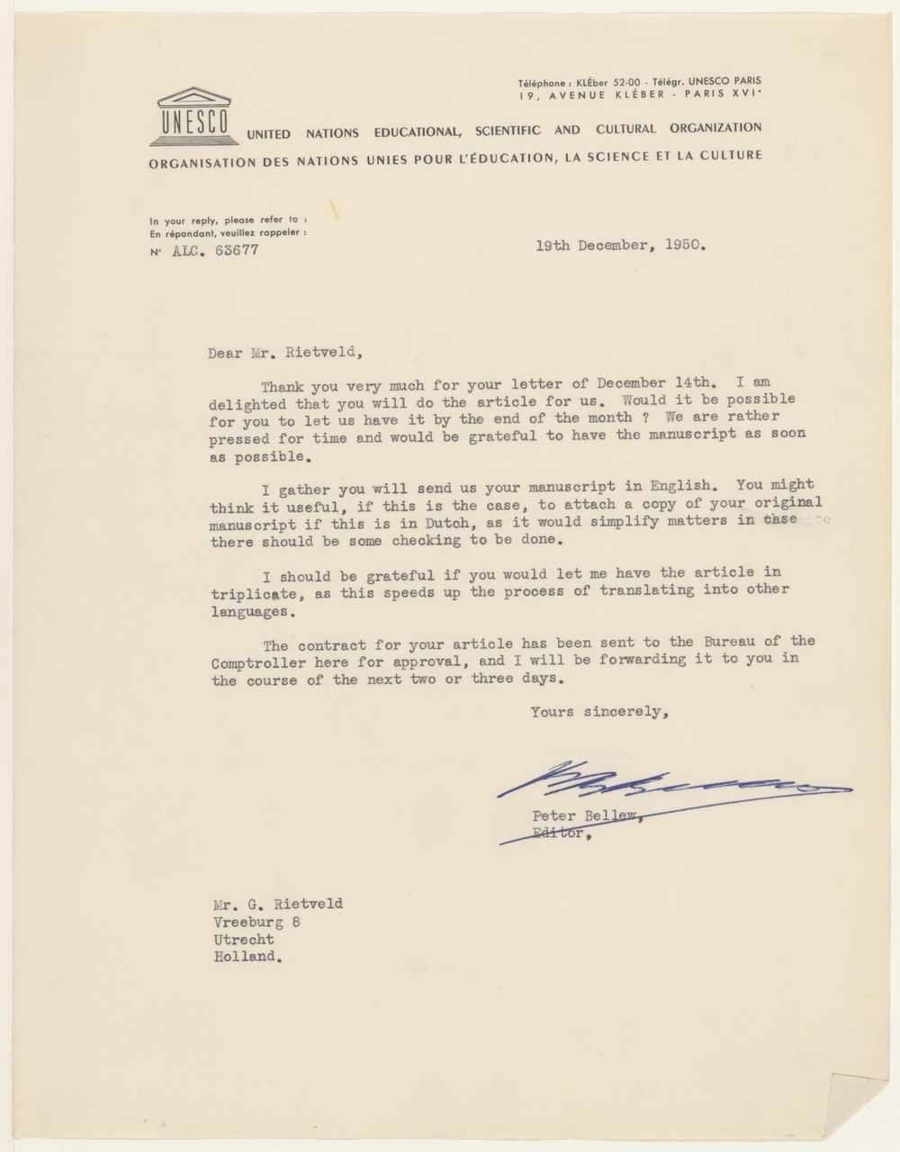 Brief van P. Bellew (Unesco) aan G. Rietveld