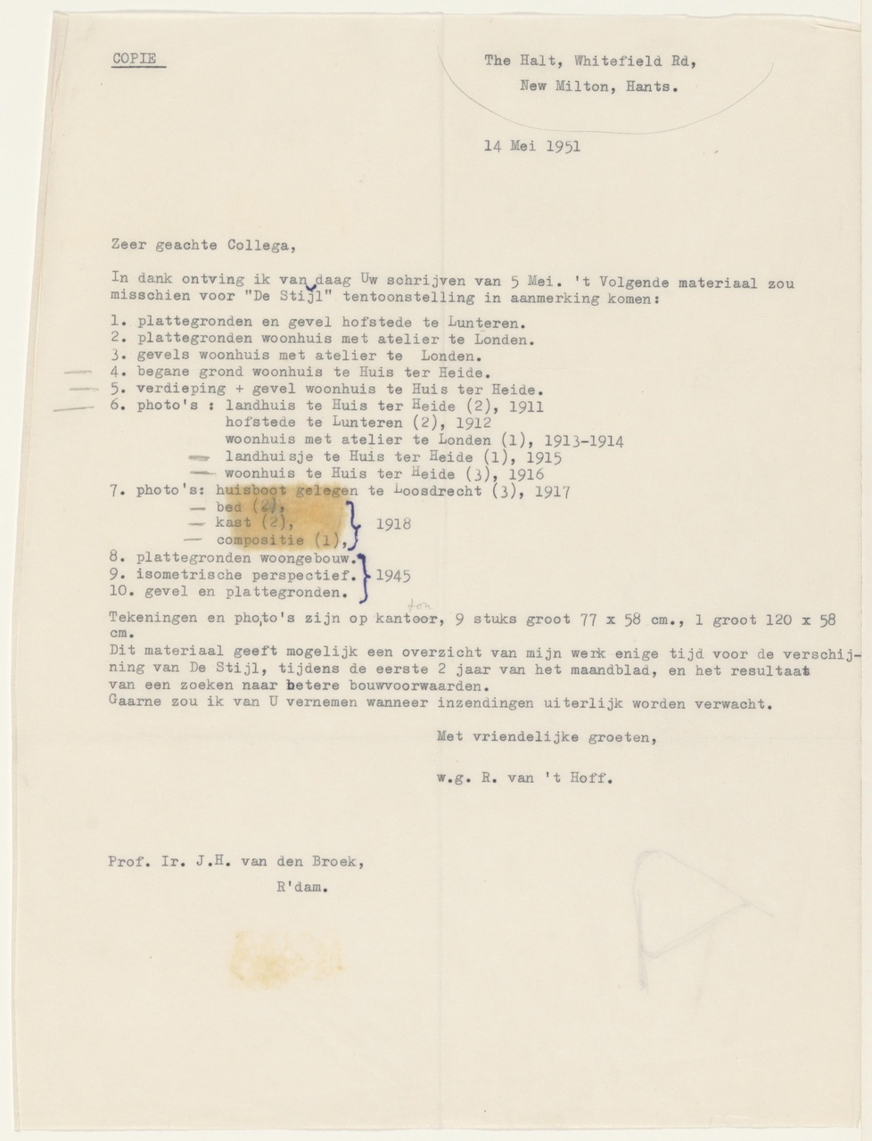 Brief van R. van 't Hoff aan J.H. van den Broek