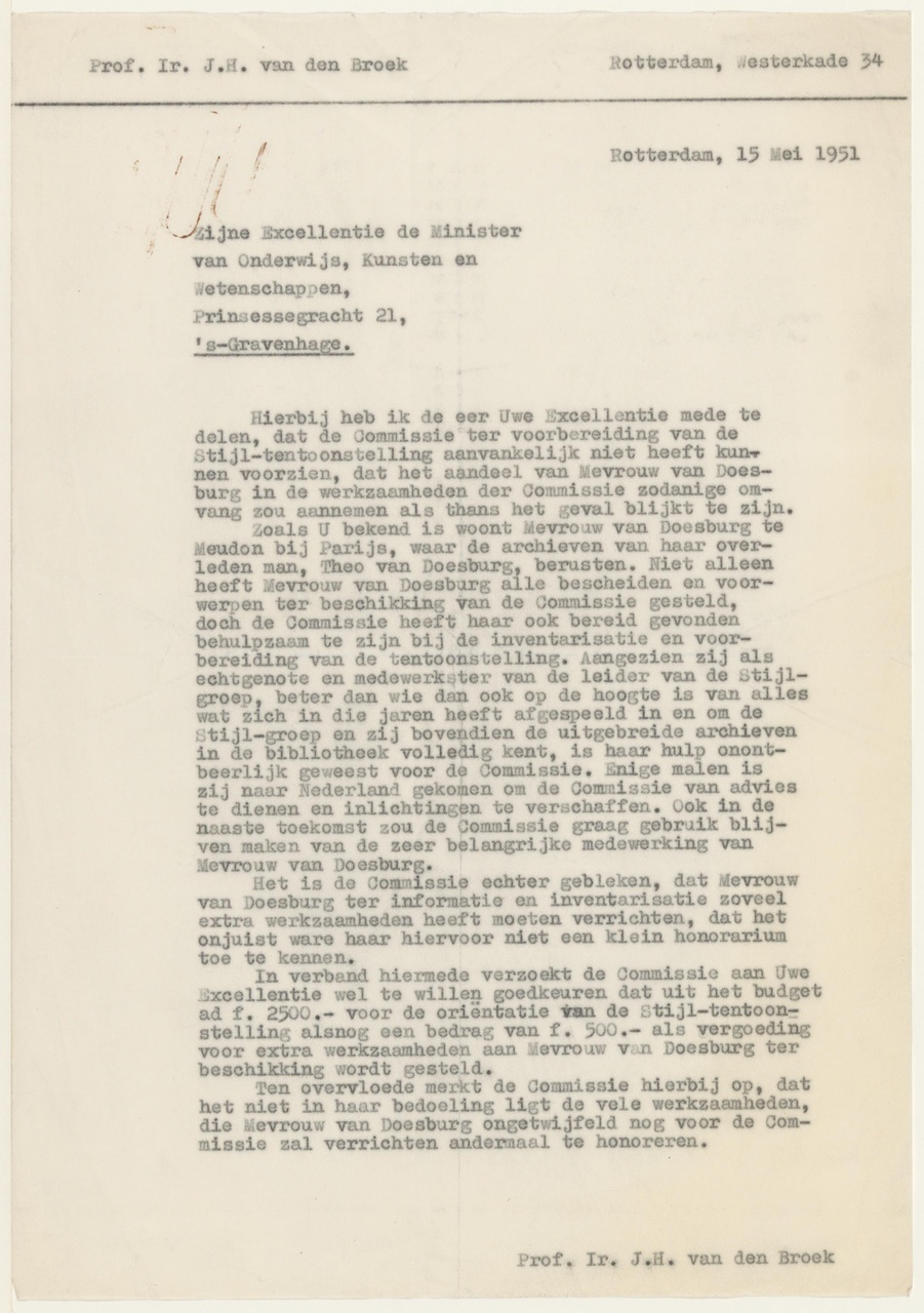 Brief van J.H. van den Broek aan Ministerie OKW