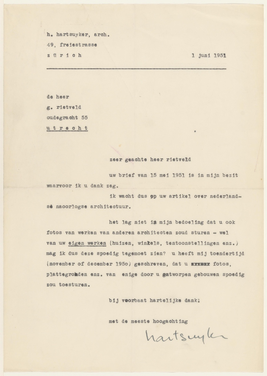 Brief van H. Hartsuyker aan G. Rietveld