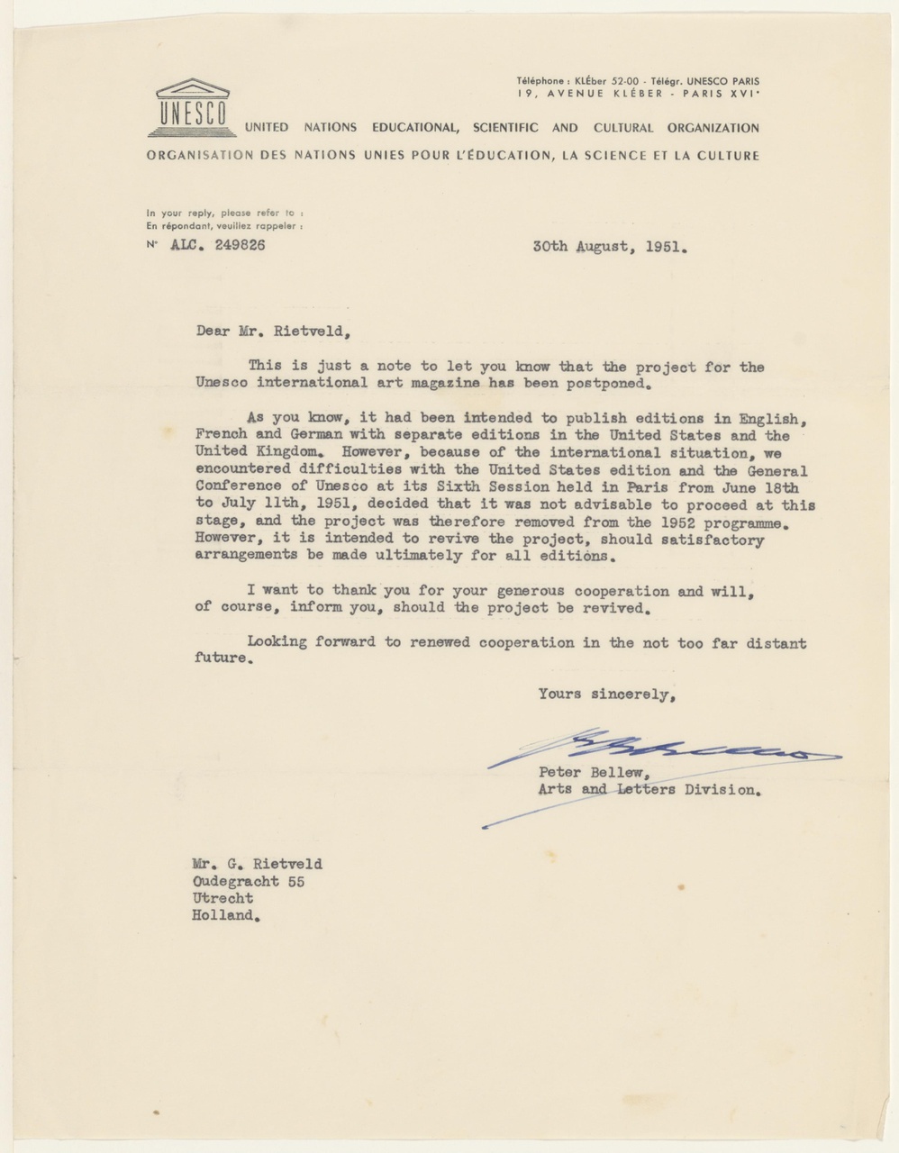Brief van P. Bellew /UNESCO aan G. Rietveld
