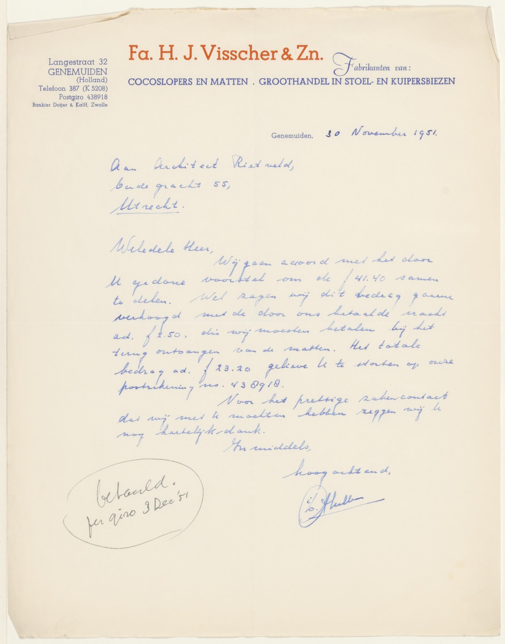 Brief van Fa.H. Visscher & Zn. aan G. Rietveld