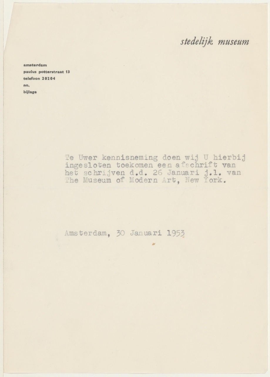 Brief van Stedelijk Museum Amsterdam aan G. Rietveld
