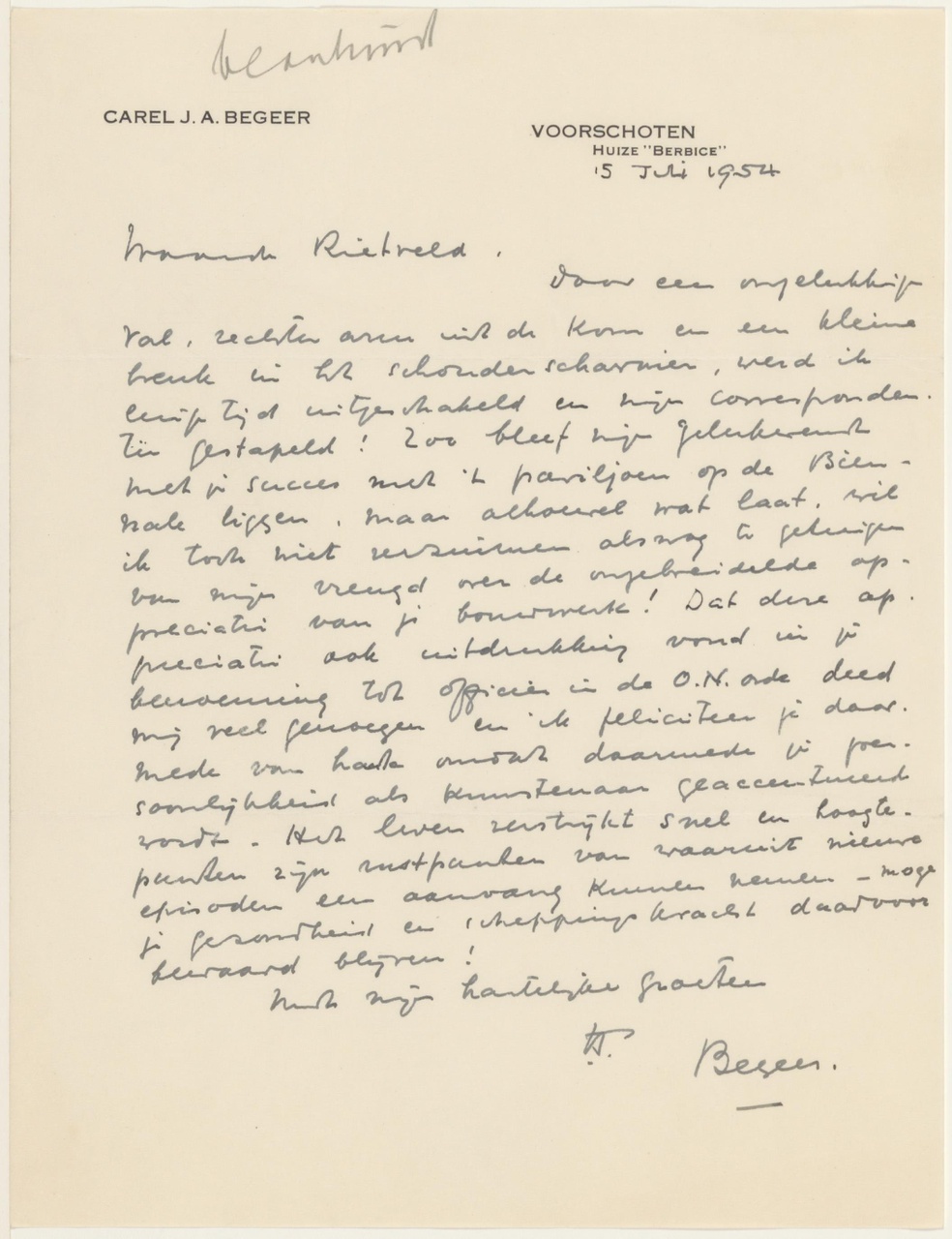 Brief van J.A.C. Begeer aan G. Rietveld