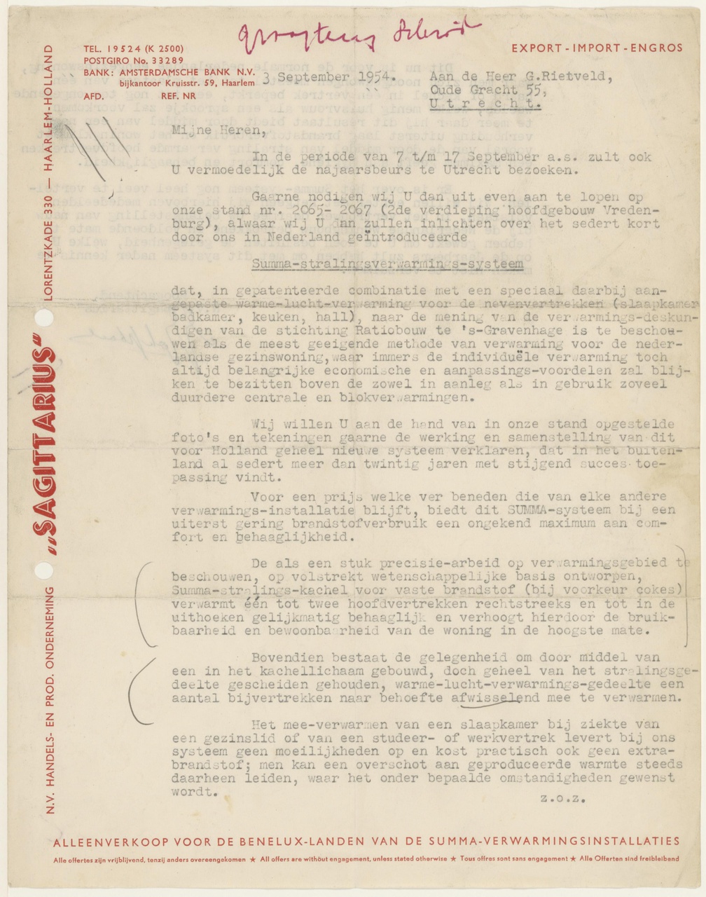 Brief van N.V. Sagitarius aan G. Rietveld