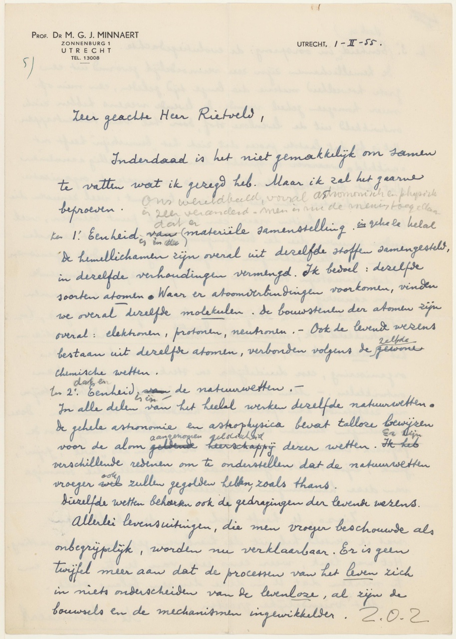 Brief van M.G.J. Minnaert aan G. Rietveld