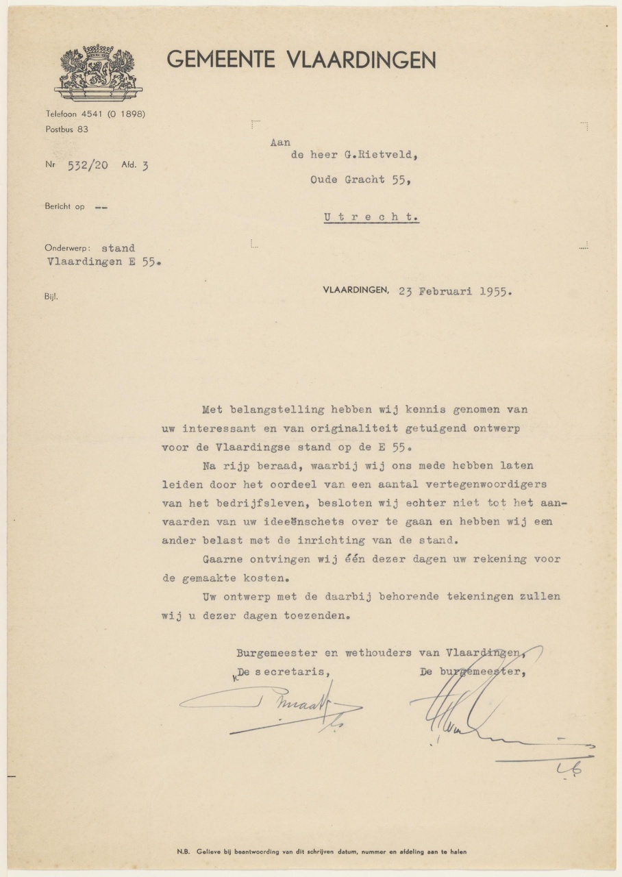 Brief van Burgemeester Vlaardingen aan G. Rietveld