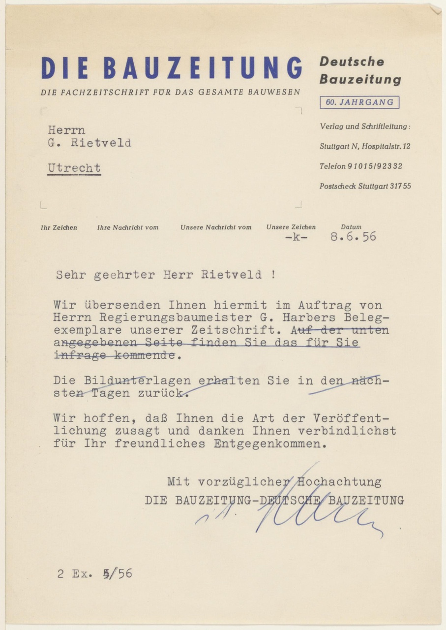 Brief van Die Bauzeitung aan G. Rietveld