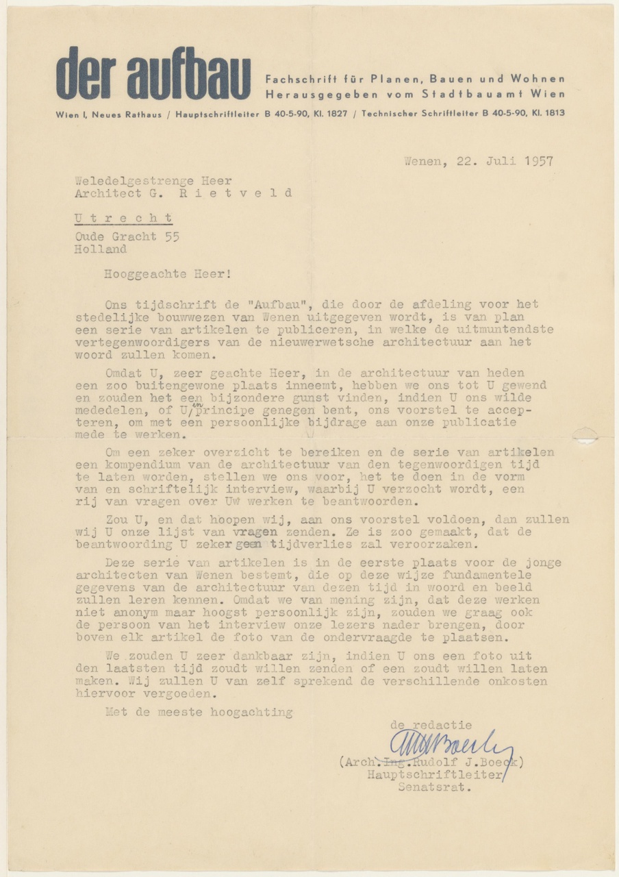 Brief van Der Aufbau aan G. Rietveld