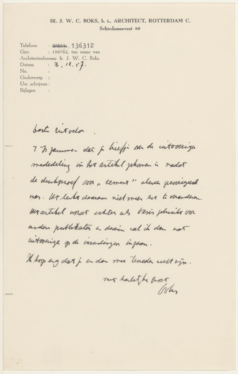 Brief van J.W.C. Boks aan G. Rietveld