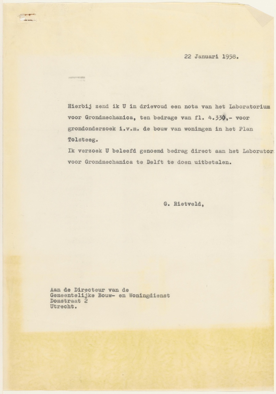Brief van G. Rietveld aan Gemeenteljike Bouw- en woningdienst