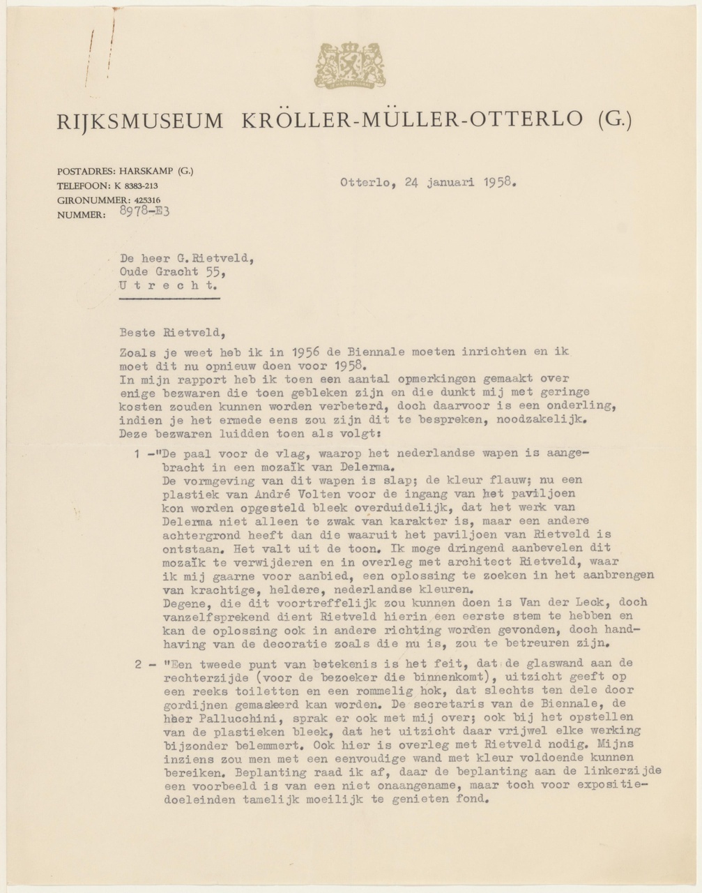 Brief van A.M. Hammacher aan G. Rietveld