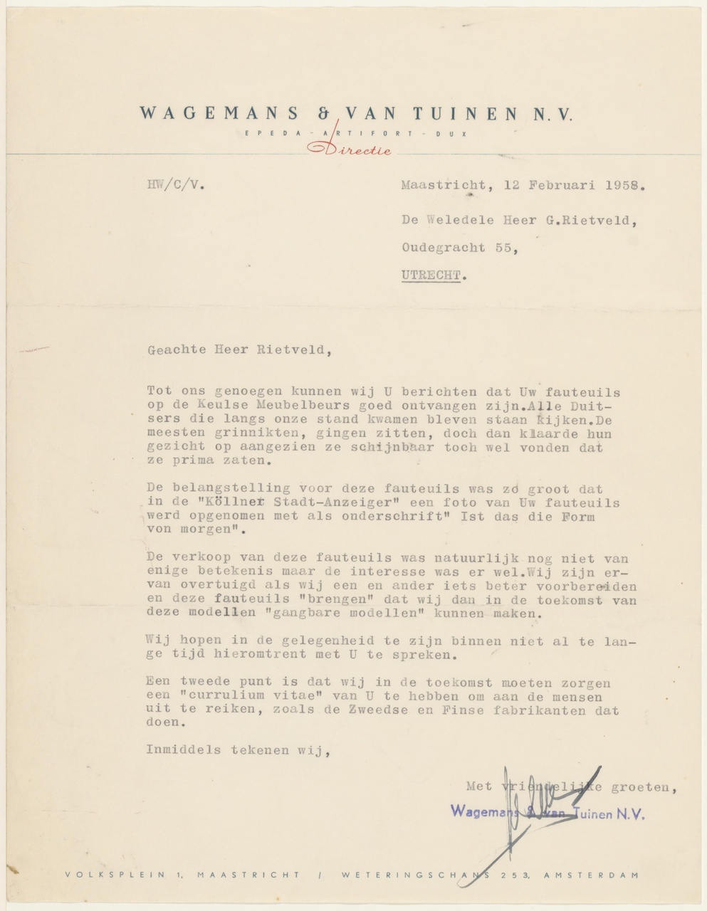Brief van Wagemans & vanTuinen aan G. Rietveld