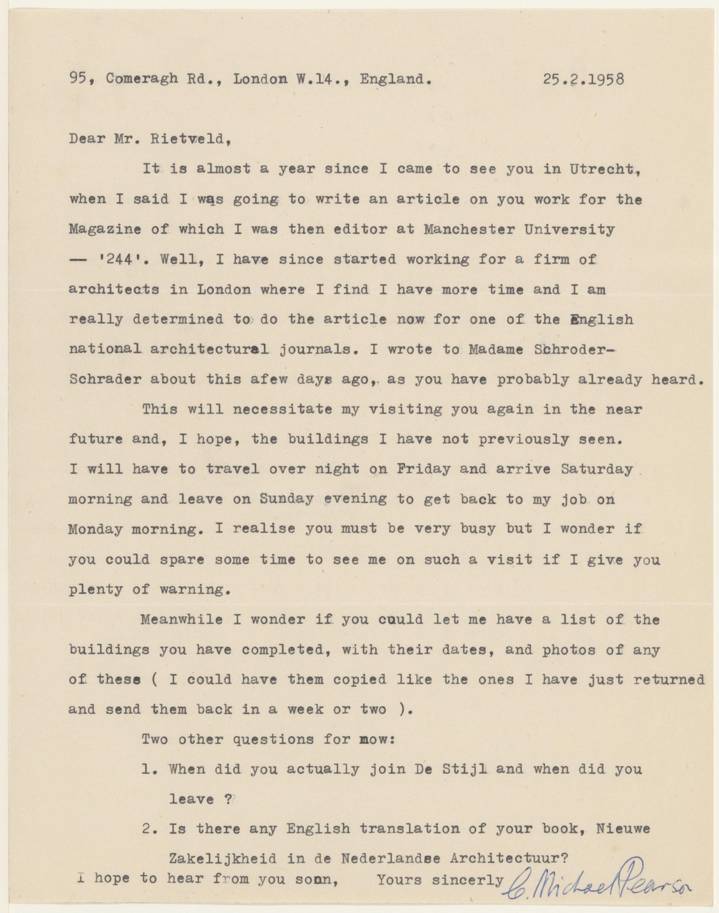 Brief van M. Pearson aan G. Rietveld