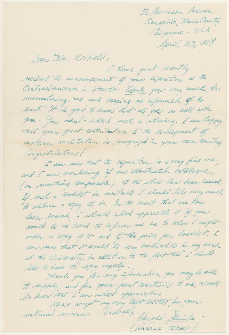 Brief van H. Stump aan G. Rietveld