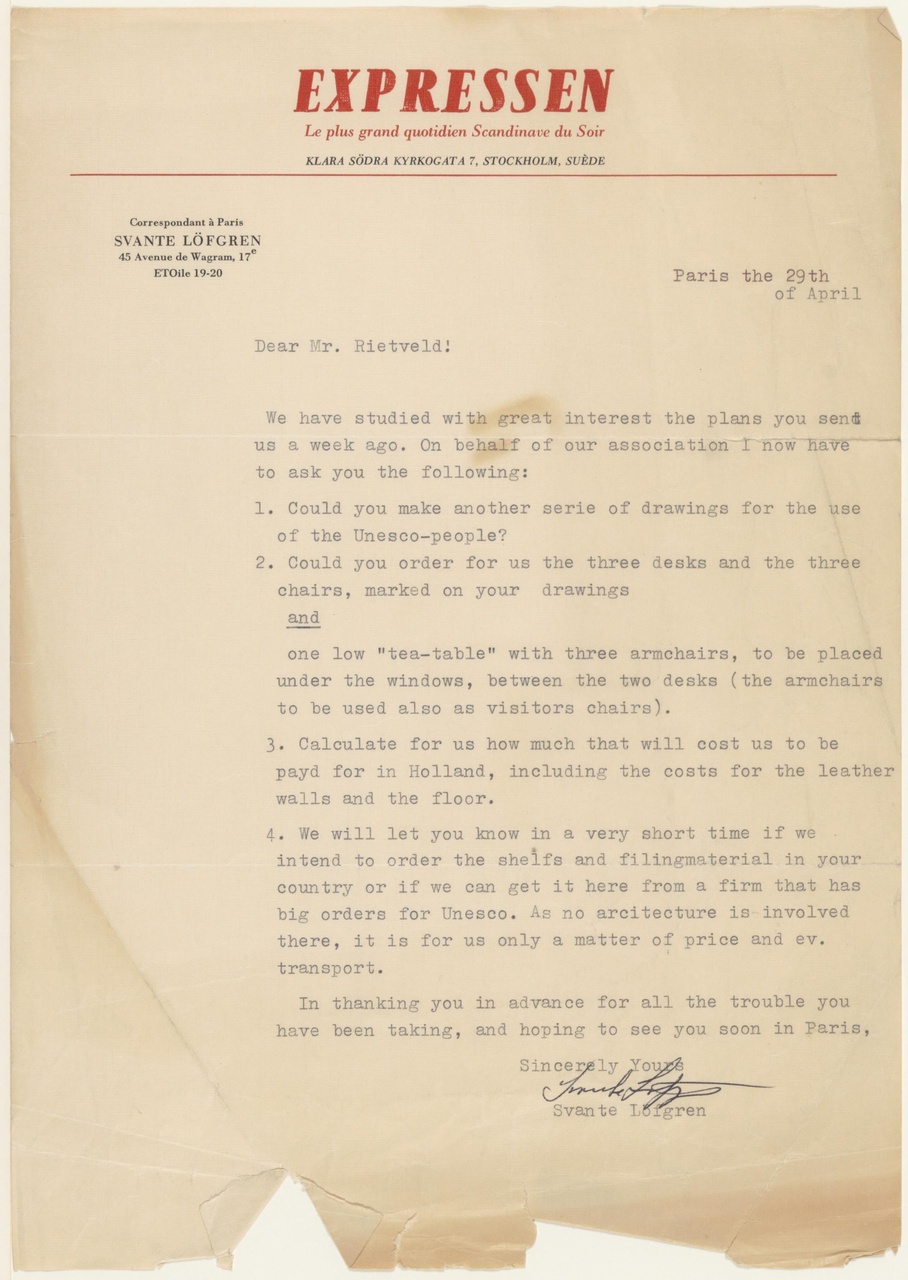 Brief van Sv. Löfgren aan G. Rietveld