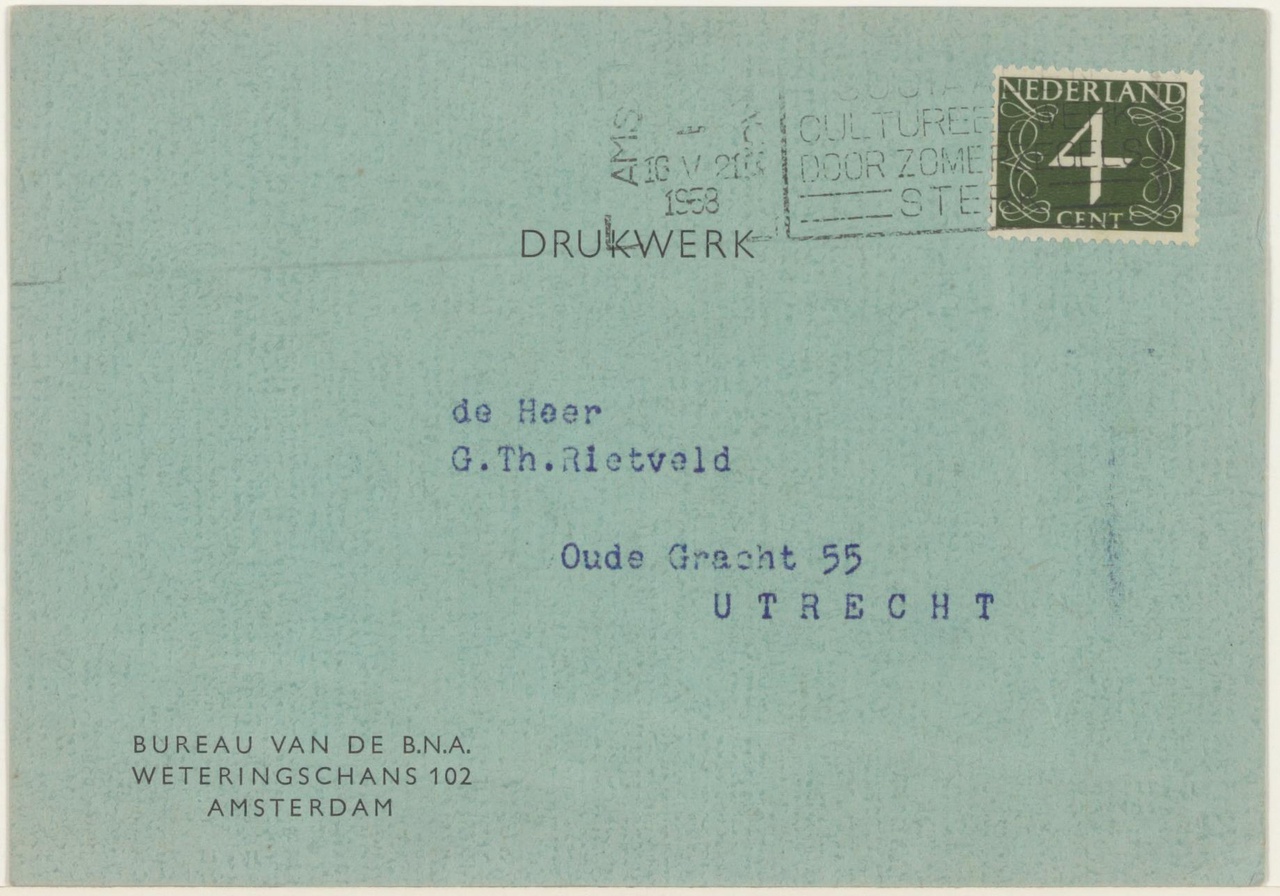 Uitnodiging van B.N.A. (Bond van Nederlandse architecten) aan G. Rietveld