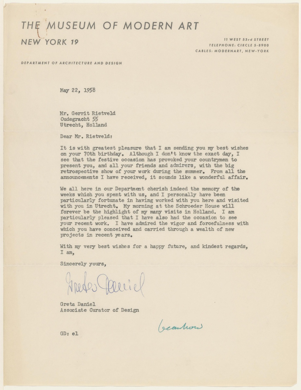 Brief van G. Daniel / MoMA aan G. Rietveld