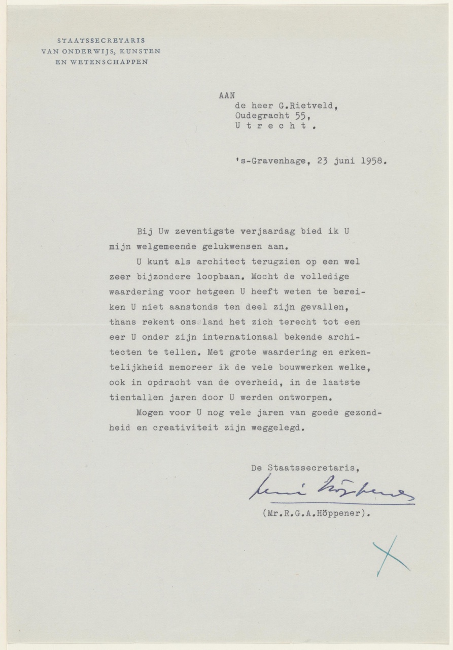 Brief van R.G.A. Höppener / Ministerie OKW aan G. Rietveld