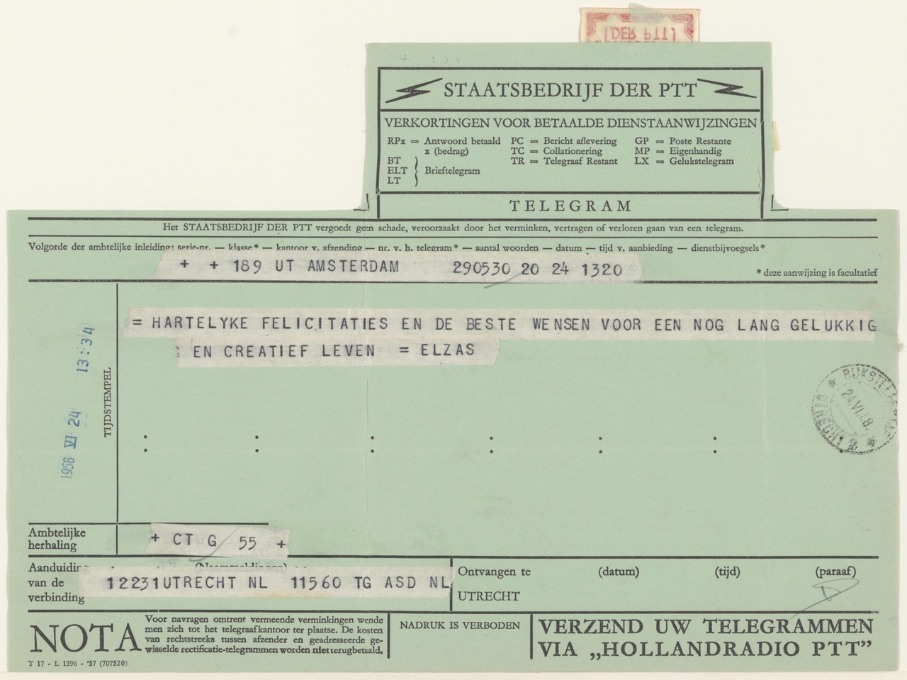 telegram van A. Elzas aan G. Rietveld