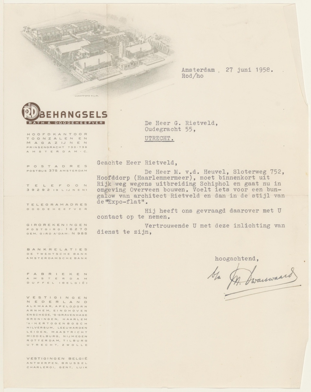 Brief van Rath & Doodeheefver aan G. Rietveld