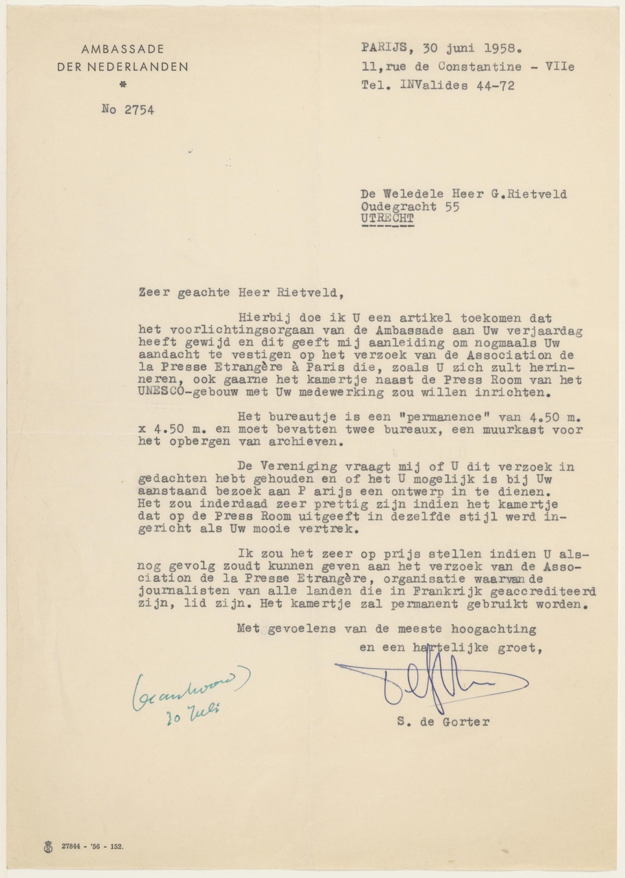 Brief van S. de Gorter aan G. Rietveld