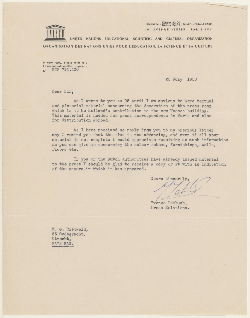 Brief van Y. Tabbush / UNESCO aan G. Rietveld
