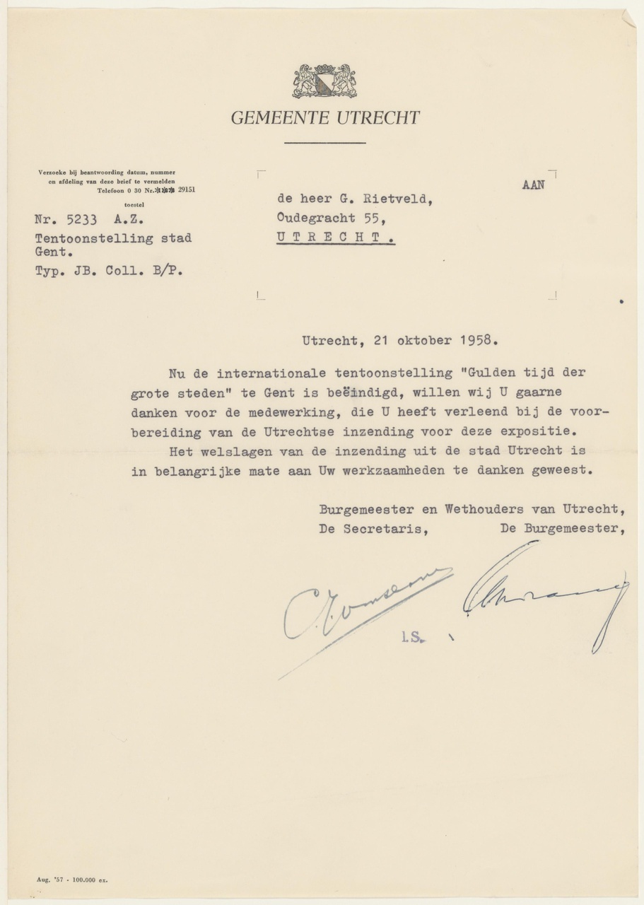 Brief van B&W Utrecht aan G. Rietveld