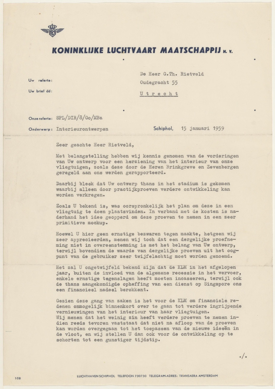 Brief van KLM aan G. Rietveld