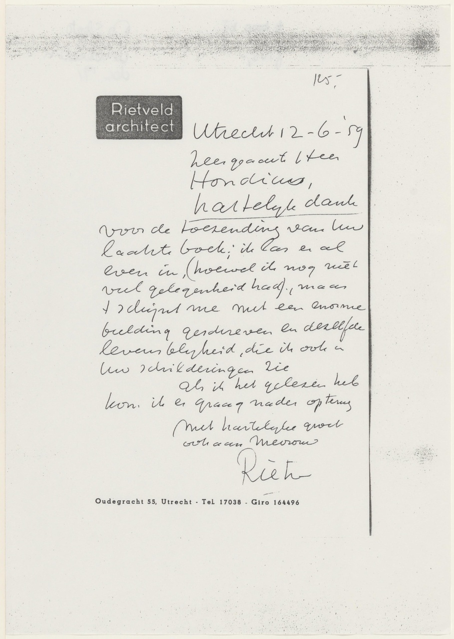 Kopie van brief van G. Rietveld aan Hondius (schrijver)