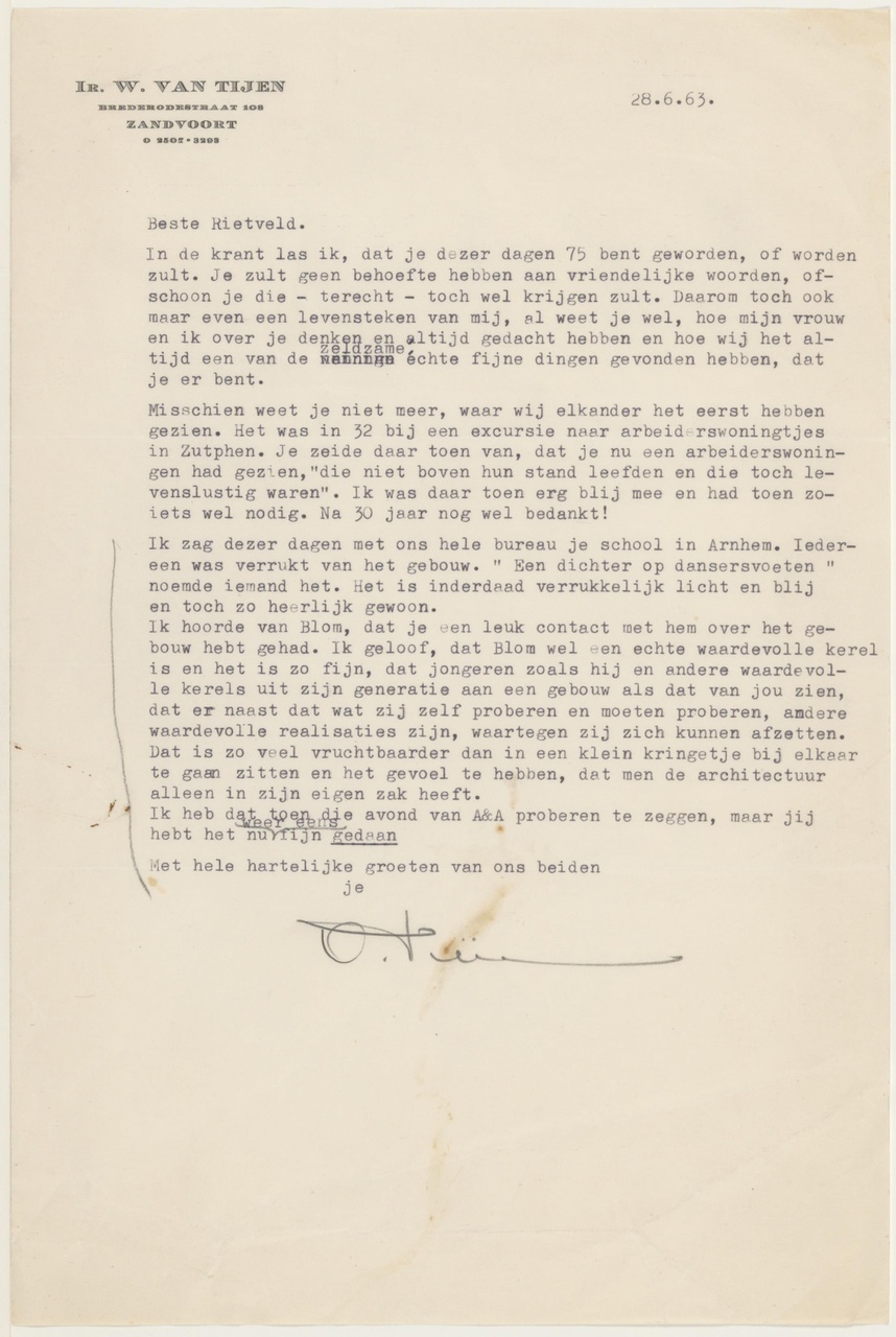 Brief van W. van Tijen aan G. Rietveld