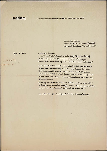 Brief van Willem Sandberg aan architecten Joan van Dillen en Johannes van Tricht over het Rietveld Schröderhuis